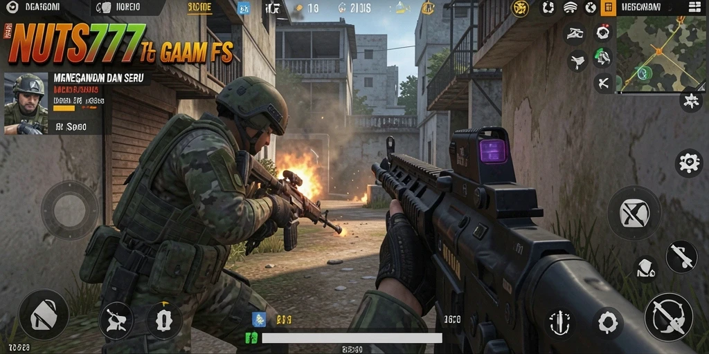 Tangkapan layar utama menampilkan aksi seru dalam gameplay FPS NUTS777.