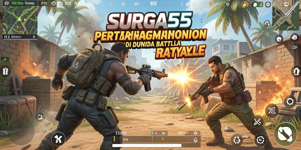 Screenshot SURGA55 menampilkan aksi intens dalam pertempuran Battle Royale.